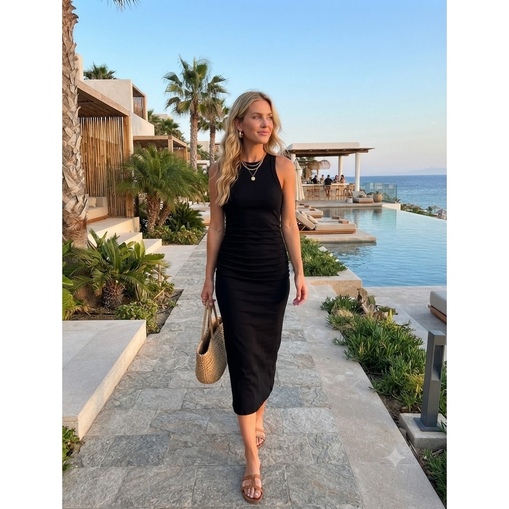 New James Perse Standard Black Racerback Ruched Side Midi Dress XS 0 Revolve